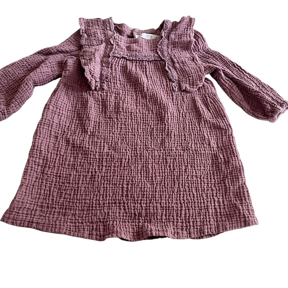 Zara Girls Mauve Muslin Ruffled Shoulder Dress Size 2-3